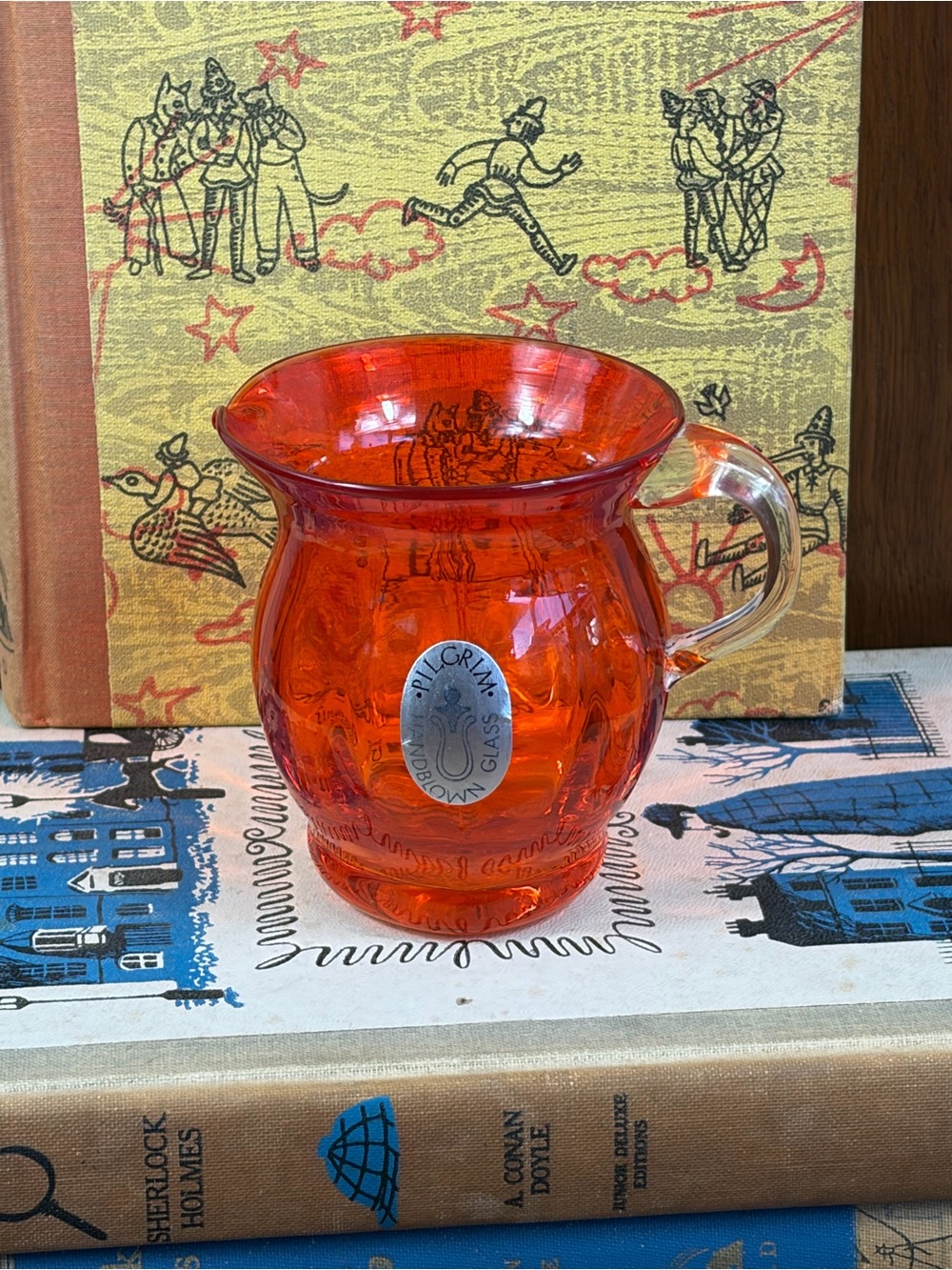 Vintage 1960's Tangerine Pilgrim Glass Mini Pitcher Cadmium Base MCM Hand Blown